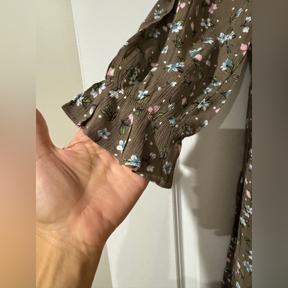 Floral Tiered Dress Brown Cottagecore‎ Romantic Midi 3/4 Sleeve Size Small - Picture 3 of 10